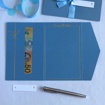 Beautiful blue luxury birthday money wallet with ribbon and white tag for 18th, 21st, 30th, 40th, 50th, 60th, 70th, 80th, 90th, 100th. Birthday  money envelope, birthday money card
