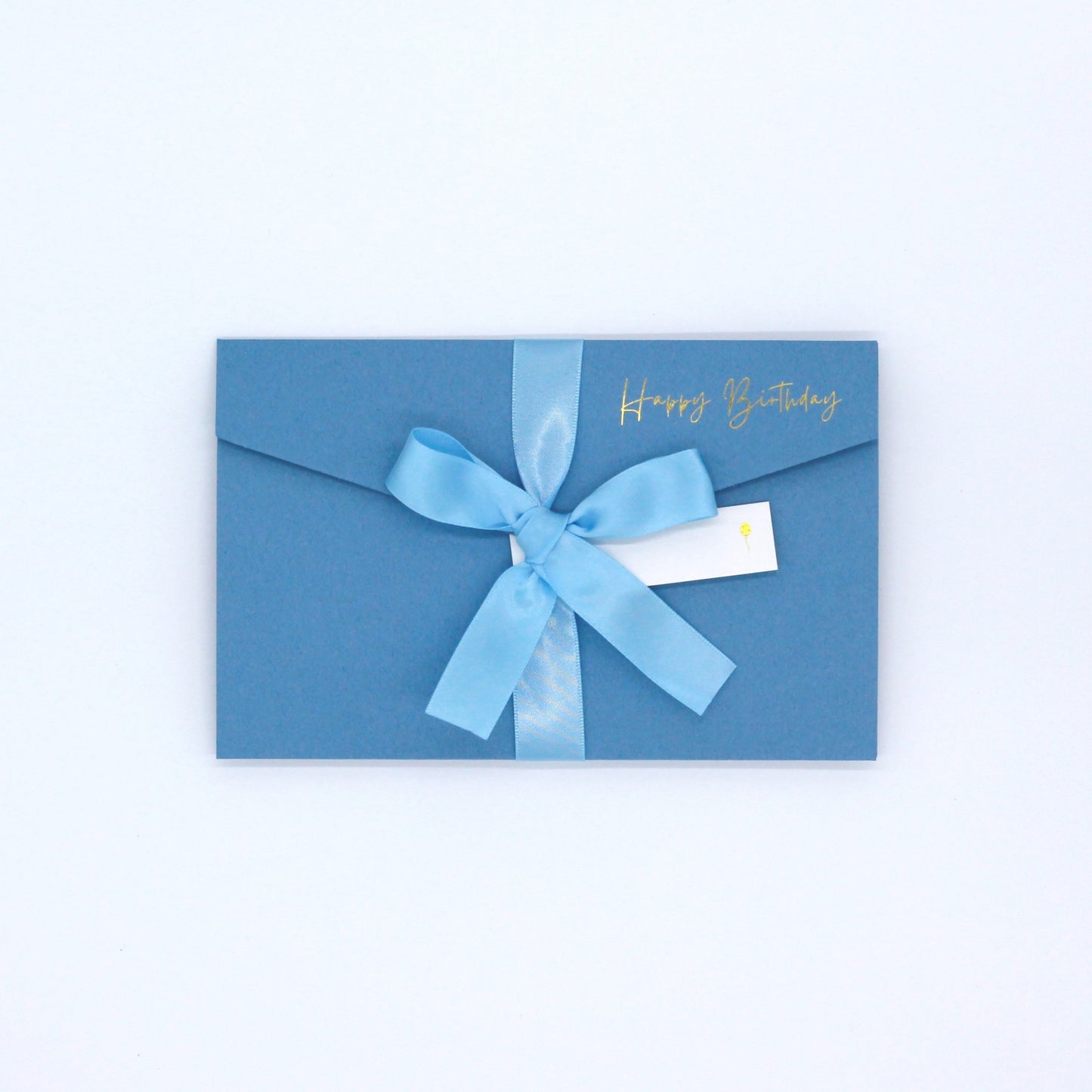 Blue happy birthday pocket greeting card with blue ribbon and white name tag. Blue luxury birthday money wallet for 18th, 21st, 30th, 40th, 50th, 60th, 70th, 80th, 90th, 100th