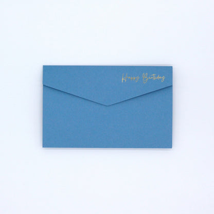 Blue pocket birthday greeting card with happy birthday in gold foil. Blue luxury birthday money wallet for 18th, 21st, 30th, 40th, 50th, 60th, 70th, 80th, 90th, 100th