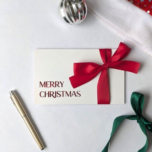 Christmas Money gift envelope with red "Merry Christmas" and Red Satin Ribbon