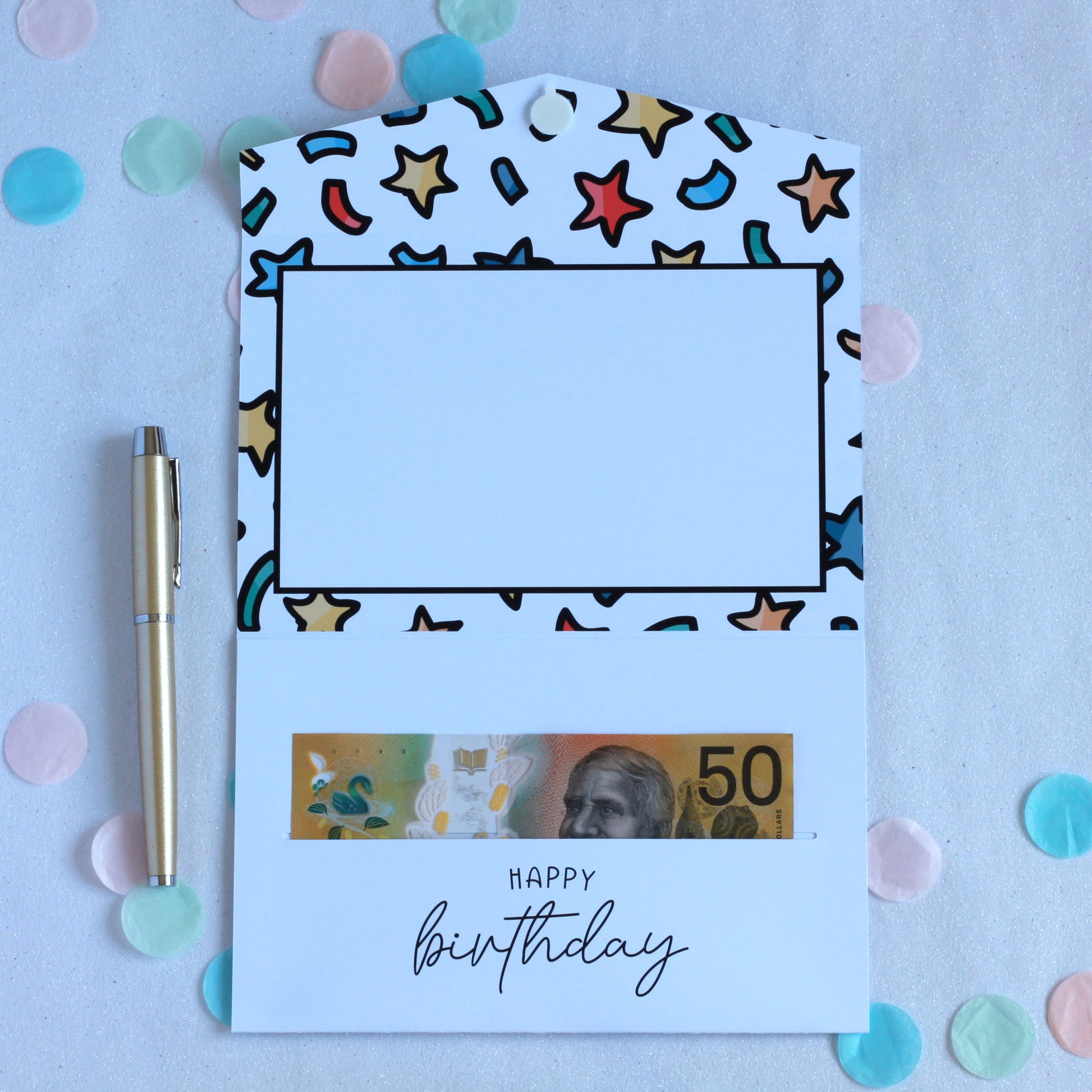 Confetti dark handmade pocket happy birthday money holder inside with money in holder.  Birthday money envelope. birthday money card, birthday money wallet, birthday money holder, birthday card with money inside