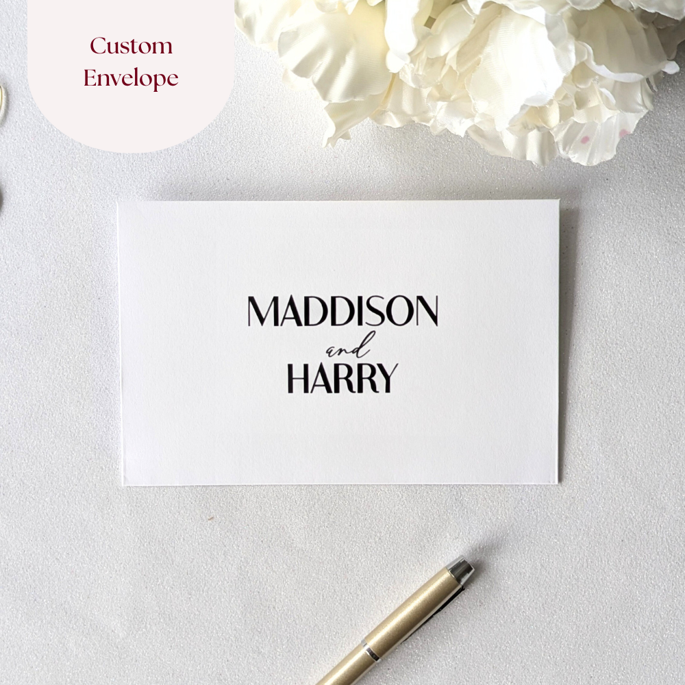 Custom outer envelope for protection of greeting card. With Bride and Grooms name in black vinyl