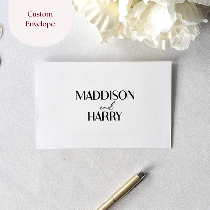 Custom outer envelope for protection of greeting card. With Bride and Grooms name in black vinyl