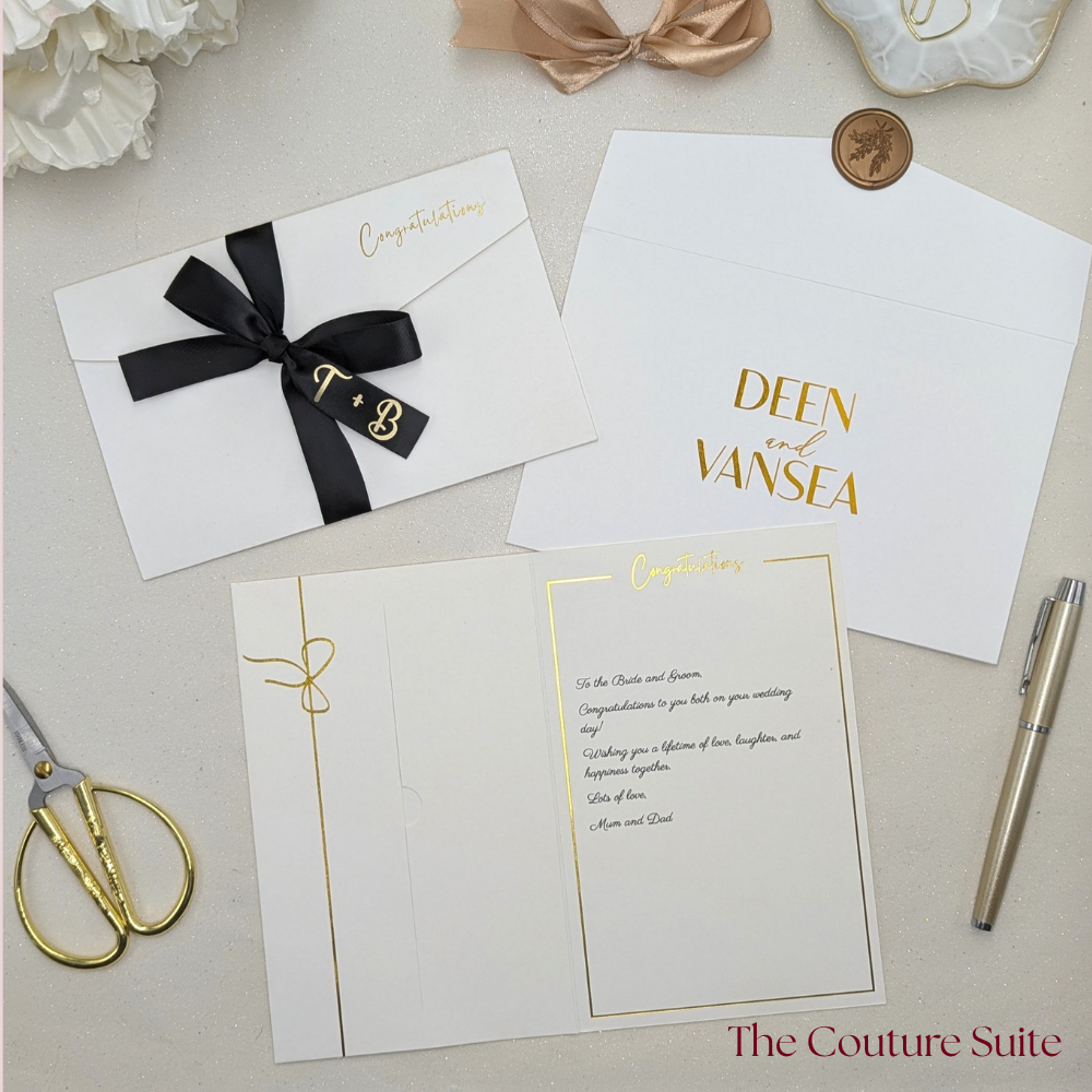Wedding money wallet with pocket for the gift with custom black satin ribbon and envelope in gold vinyl