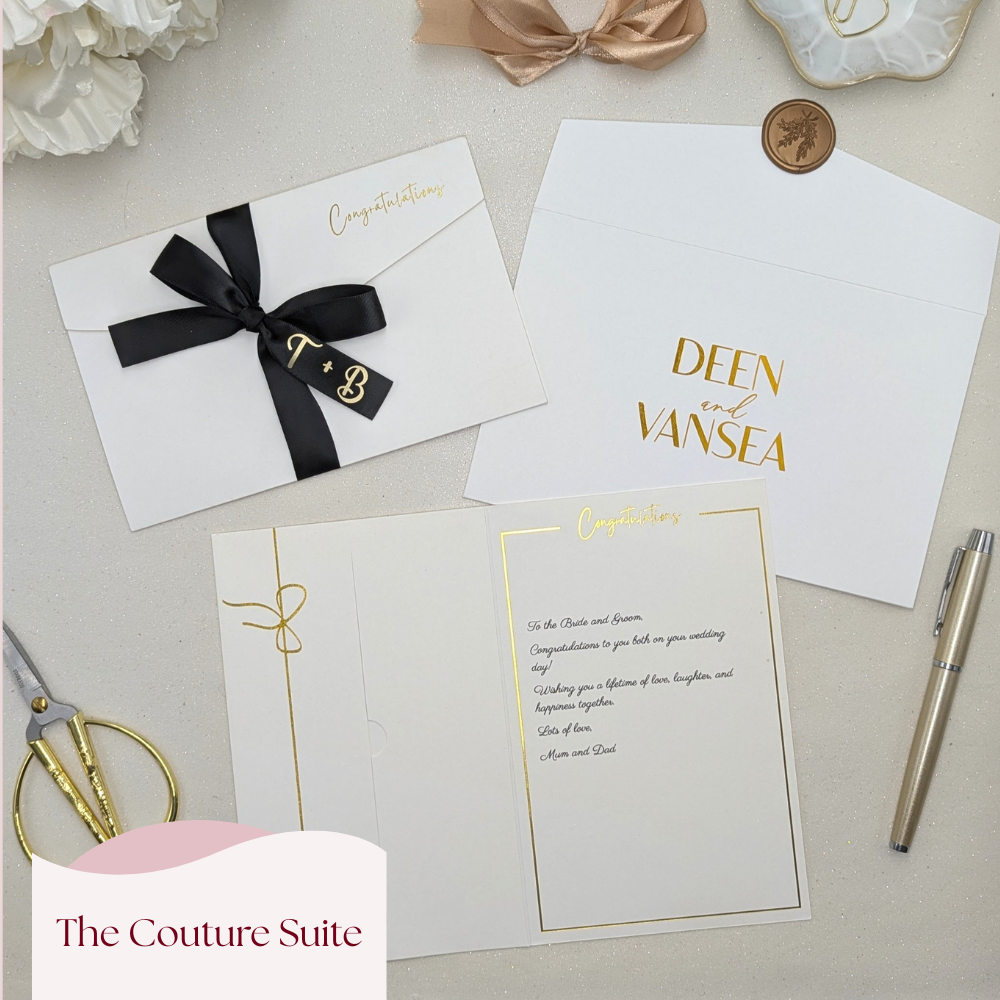 Wedding money wallet with pocket for the gift with custom black satin ribbon and envelope in gold vinyl