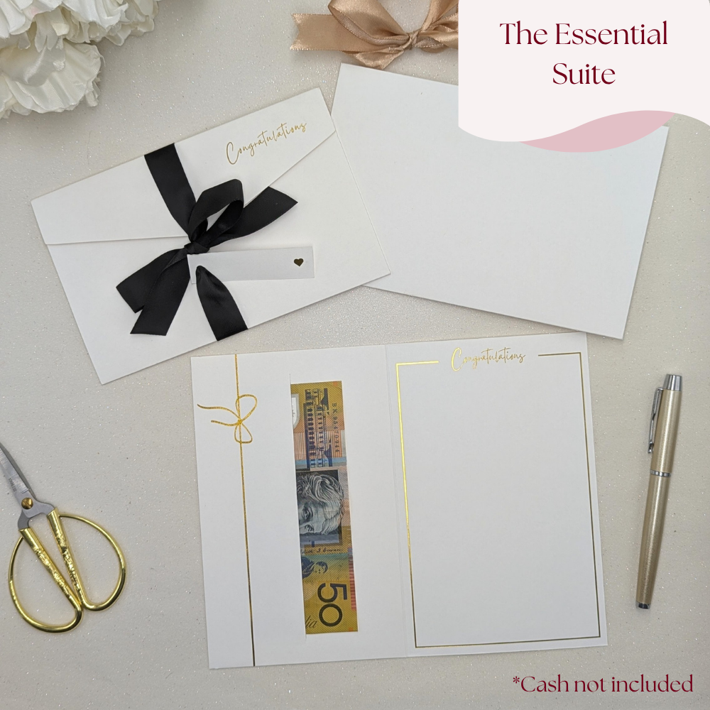 Wedding money wallet with pocket for the gift with black satin ribbon and tag for the names