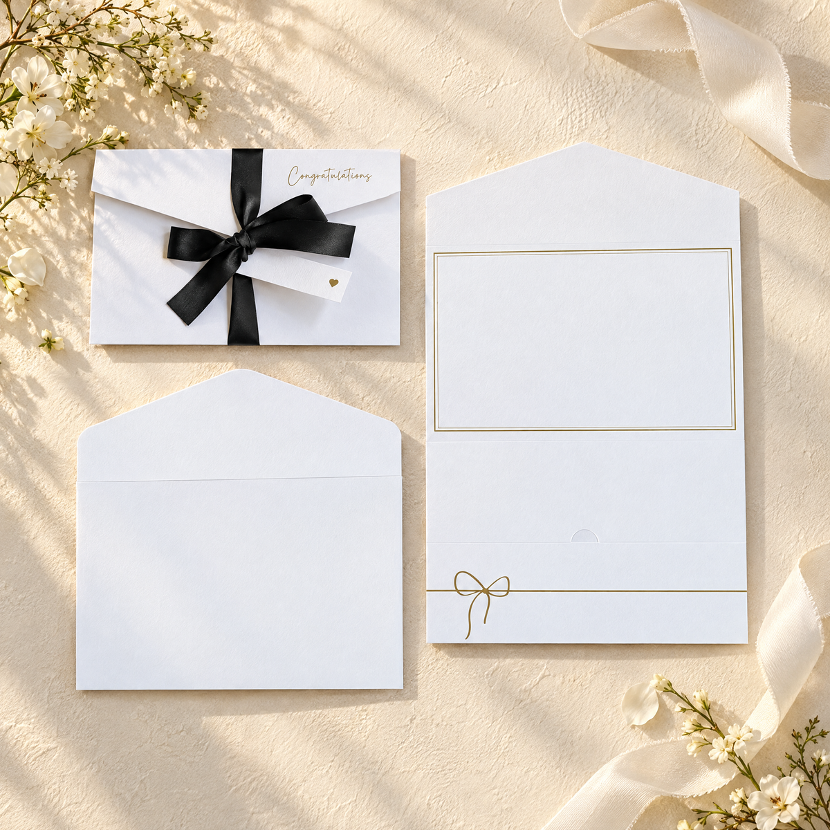 Wedding money wallet with pocket for the gift with black satin ribbon and tag for the names