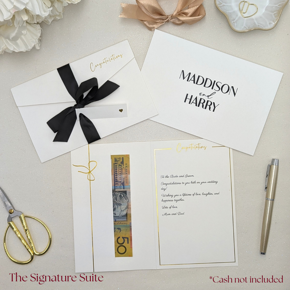 Wedding money wallet with pocket for the gift with black satin ribbon and tag for the names and custom envelope