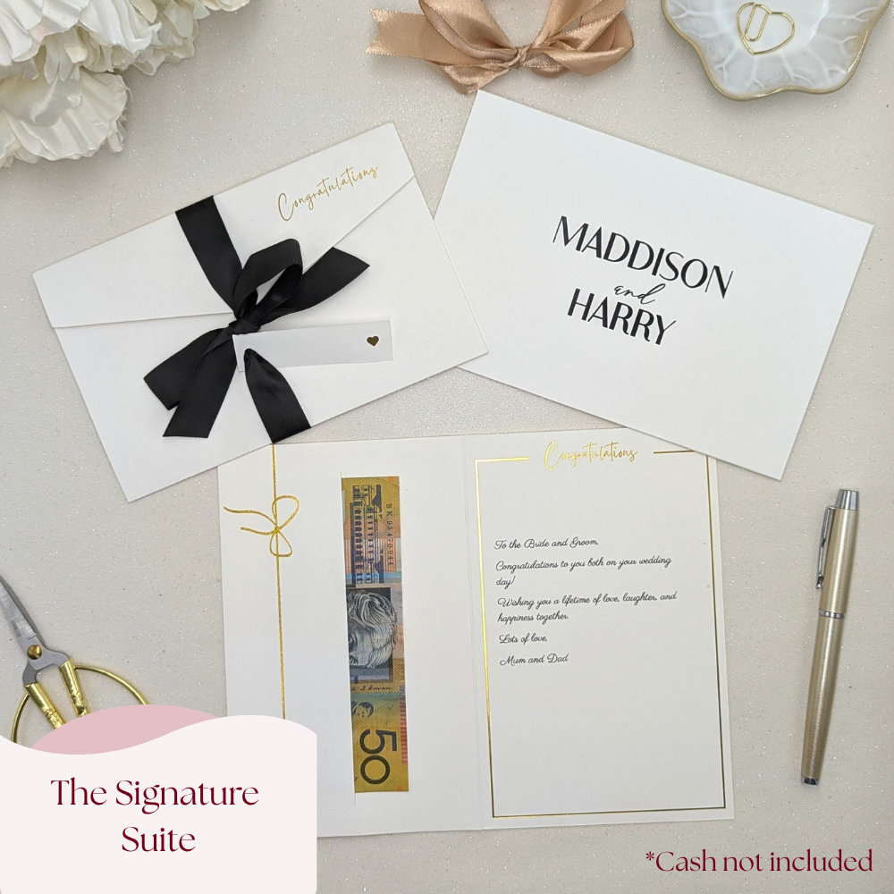 Wedding money wallet with pocket for the gift with black satin ribbon and tag for the names and custom envelope