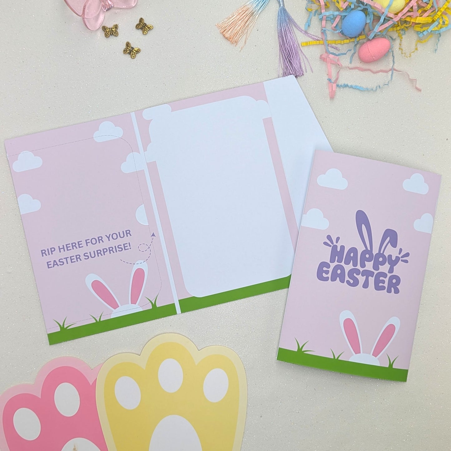 Happy Easter Money Envelope with pink sky and bunny ears with rip open pocket for the money or gift voucher