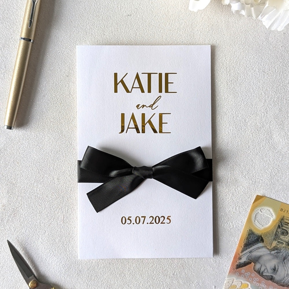 Elegant wedding  cash envelope with Katie and Jake and wedding date in gold foil with black ribbon