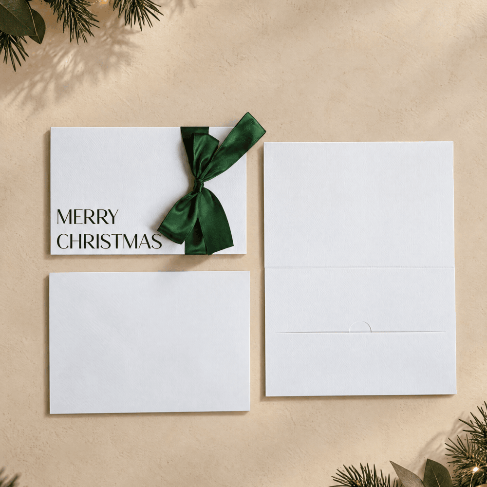 christmas card with merry christmas printed in black ink and a green satin ribbon.  this card has a pocket for the gift card or voucher