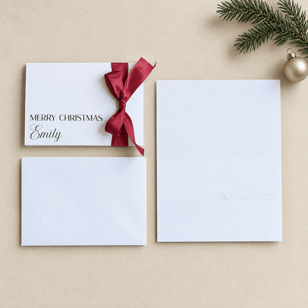 Essential suite personalised christmas card red ribbon