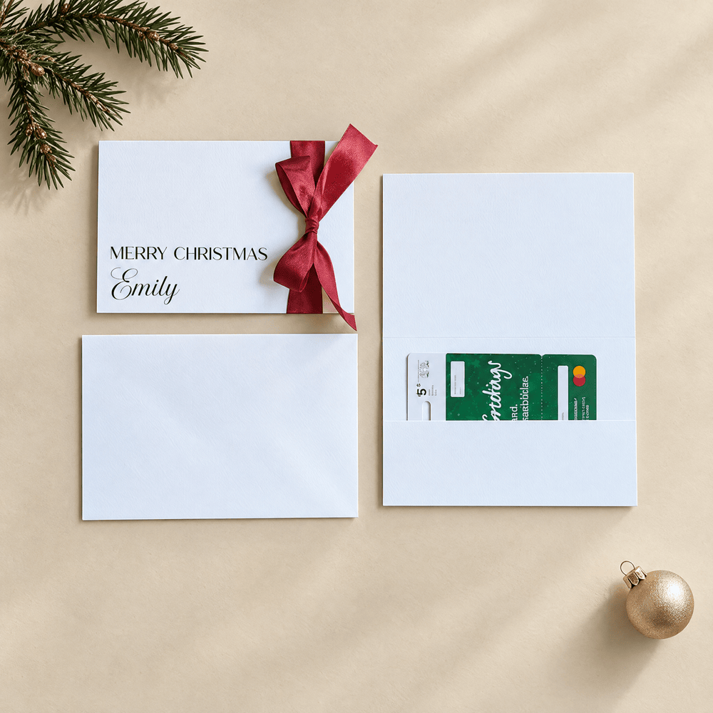 Essential suite personalised christmas card red ribbon