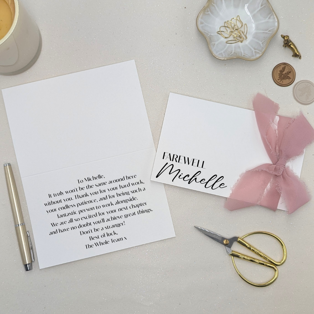 Luxury personalised farewell card with 'Farewell [Name]' printed on heavy-weight paper. Featuring a pink chiffon frayed-edge ribbon and a professional printed message inside in modern sans serif font.