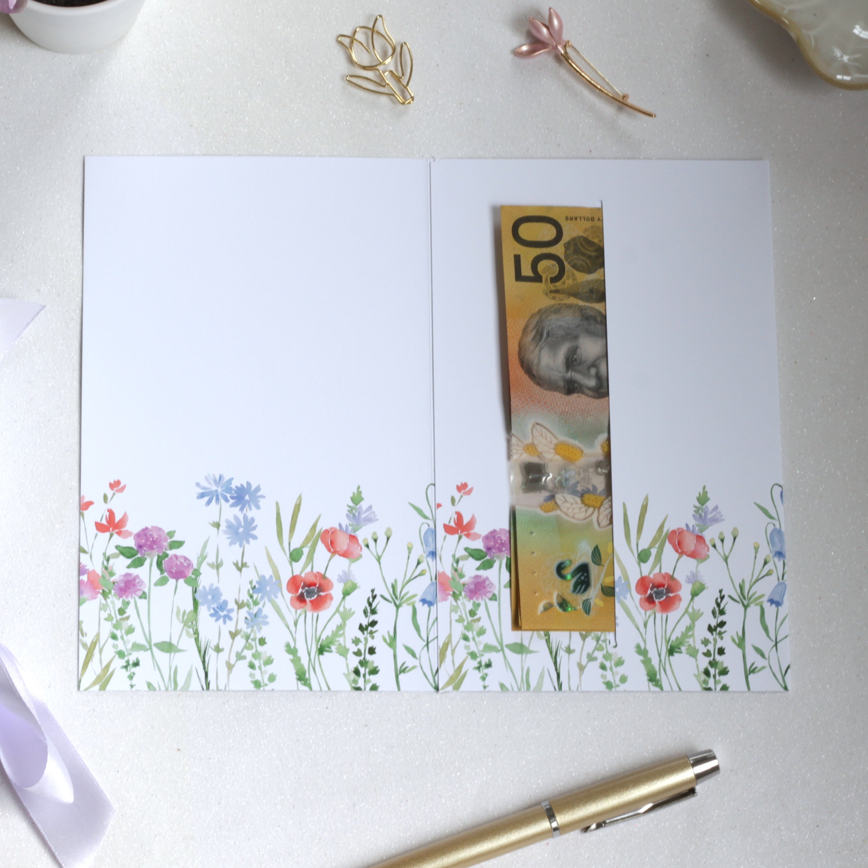 Floral all occasion money card inside cash purple ribbon