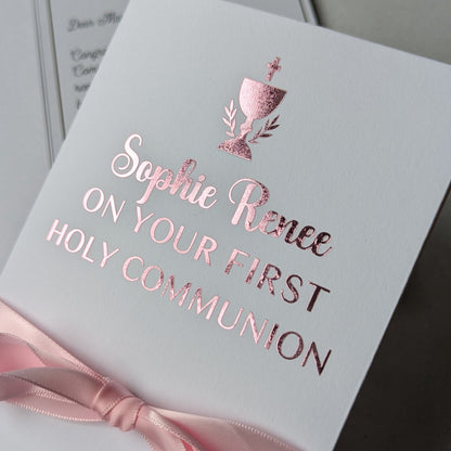 Holy communion money gift envelope greeting card with pink personlaised On your first holy communion with pink satin ribbon 