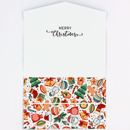 Inside Merry Christmas and a happy new year pocket greeting card, money envelope for giving money, gift card or gift voucher