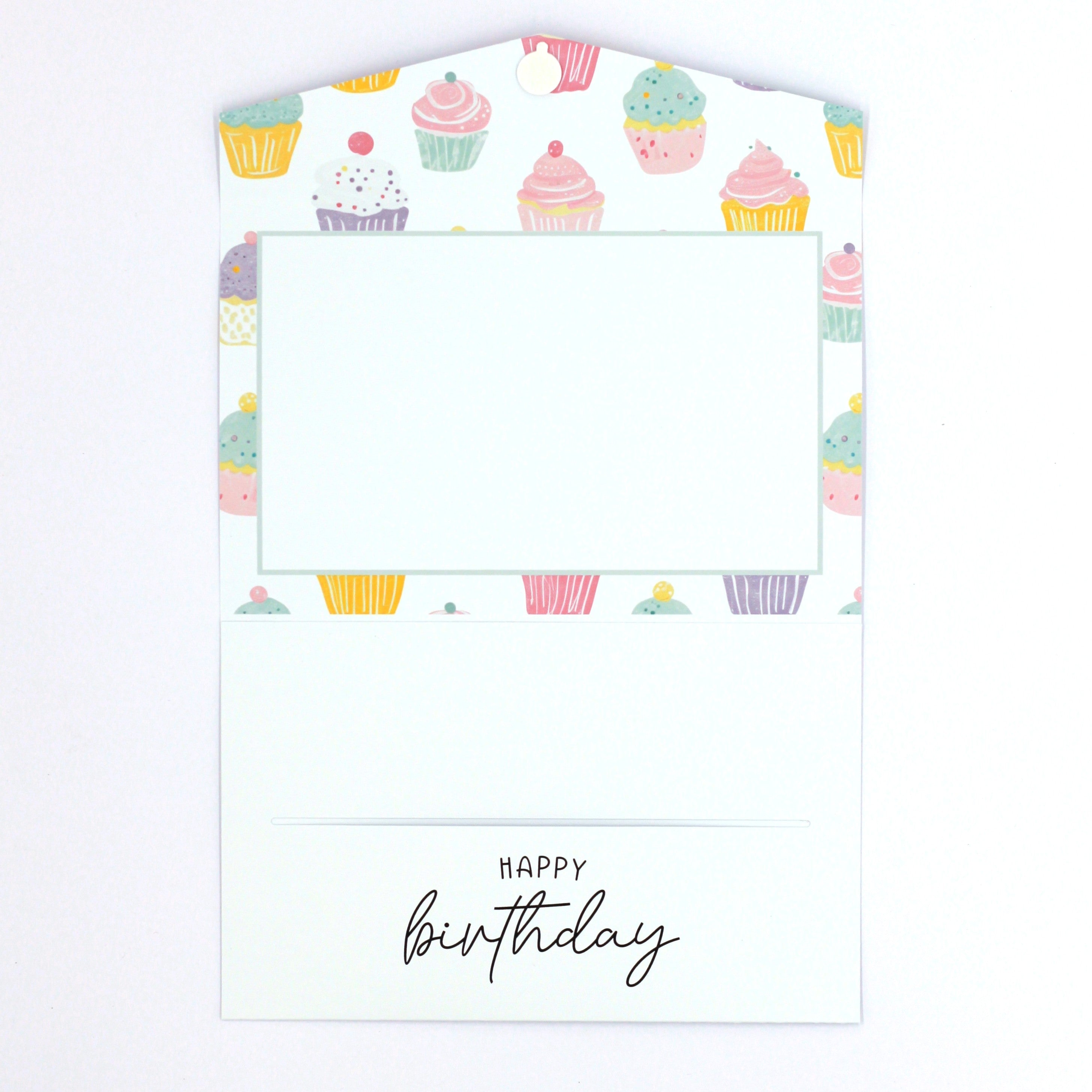 Inside of Handmade Cupcake Design Kids Pocket Birthday Card. Cupcake Birthday money envelope. birthday money card, birthday money wallet, birthday money holder, birthday card with money inside