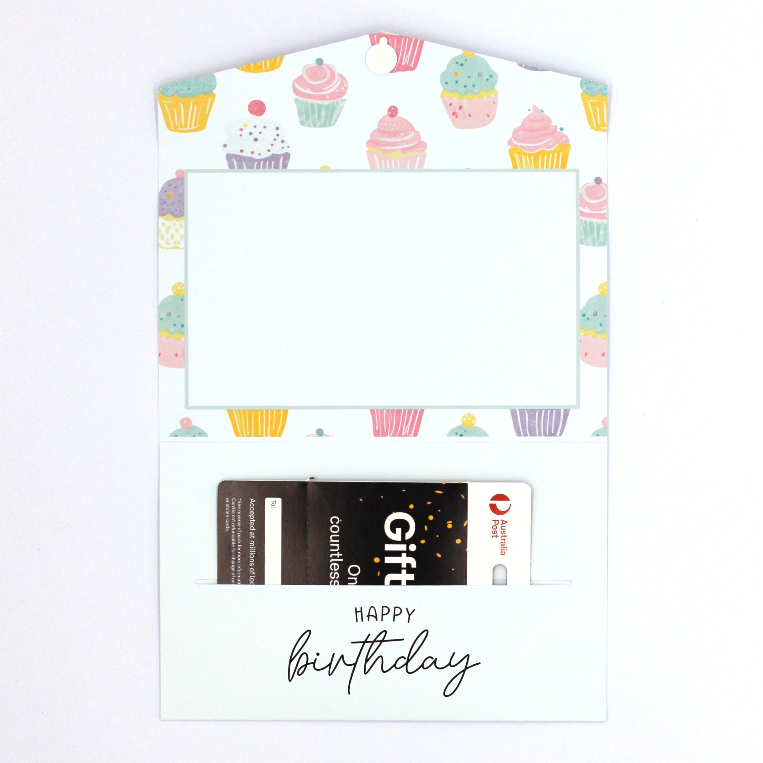 Inside of Handmade Cupcake Design Kids Pocket Birthday Card with gift card in pocket. Cupcake Birthday money envelope. birthday money card, birthday money wallet, birthday money holder, birthday card with money inside