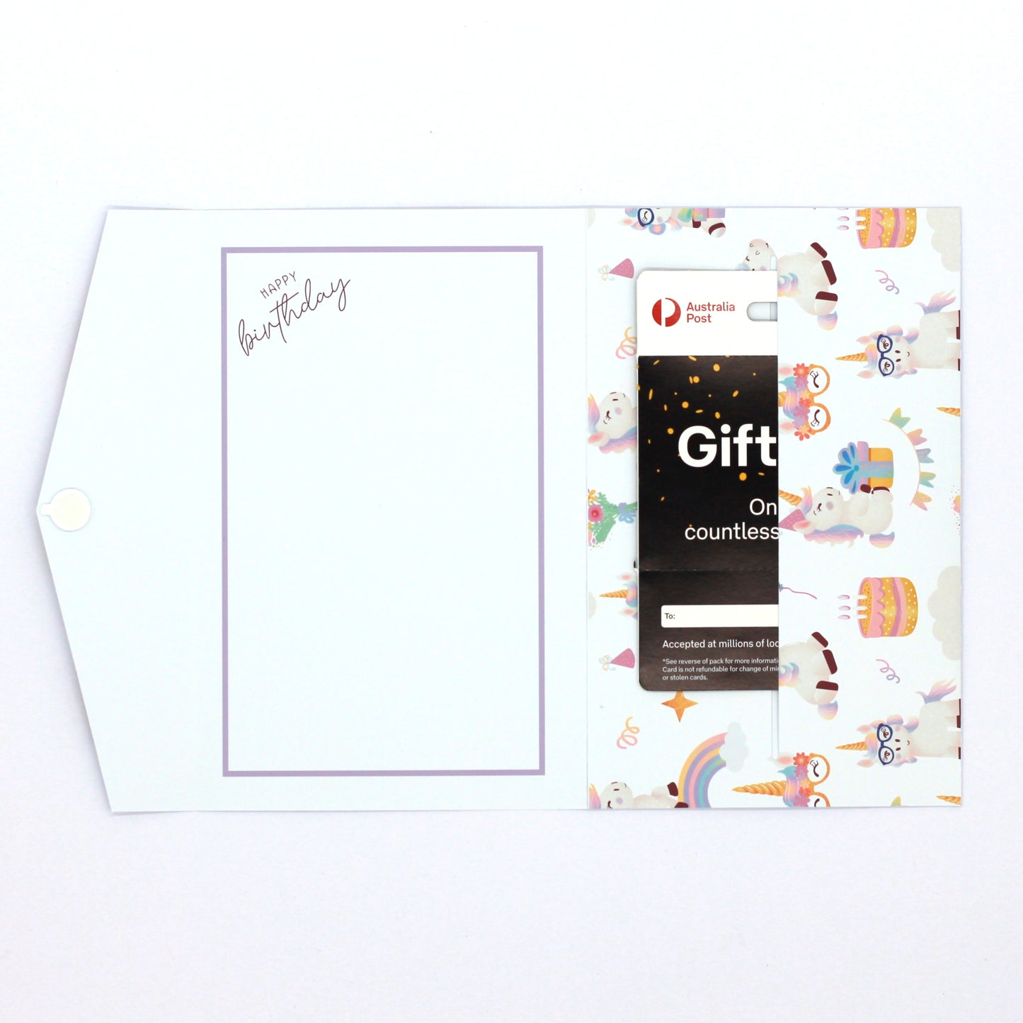 Inside of Handmade Unicorn Design Kids Pocket Birthday Card with gift card in pocket.  Birthday money envelope. birthday money card, birthday money wallet, birthday money holder, birthday card with money inside