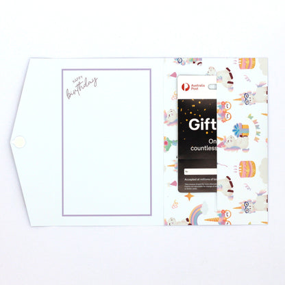 Inside of Handmade Unicorn Design Kids Pocket Birthday Card with gift card in pocket.  Birthday money envelope. birthday money card, birthday money wallet, birthday money holder, birthday card with money inside