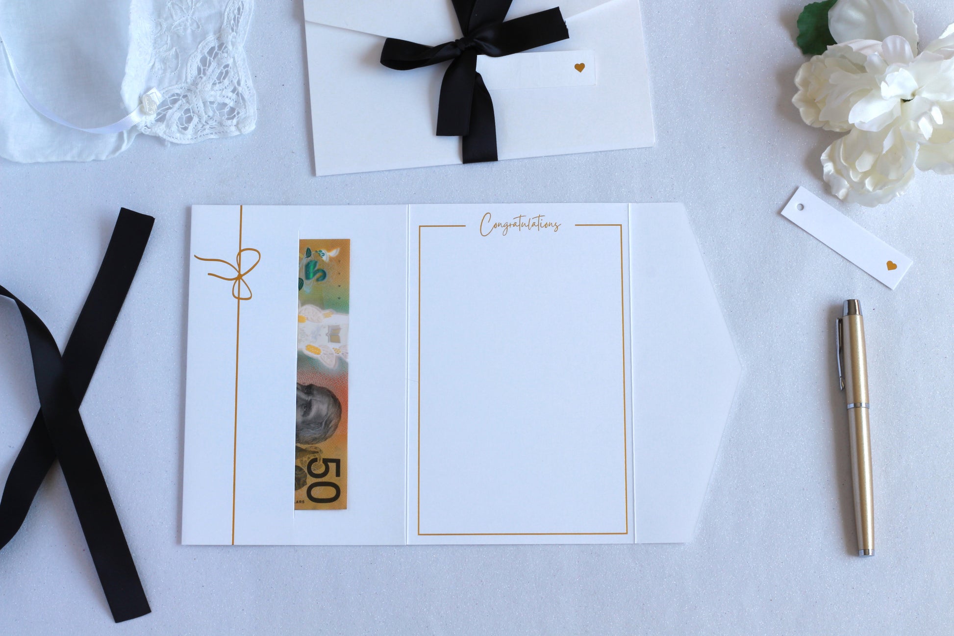Inside of White wedding Congratulations money card for baby shower or graduation or bridal shower. Made for giving cash or gift card or gift voucher