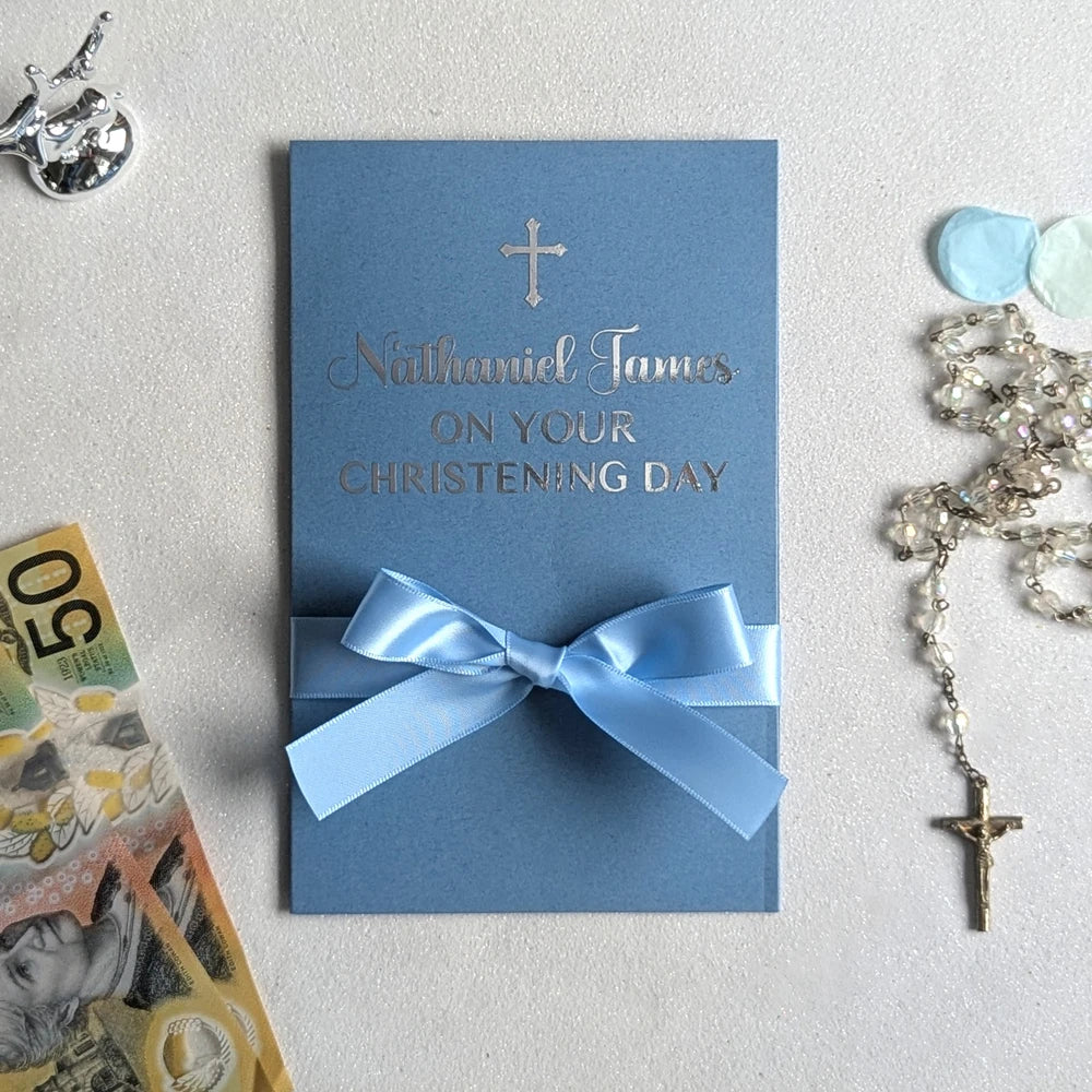 Personalised Christening day money envelope in blue with blue satin ribbon