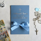 Personalised Christening day money envelope in blue with blue satin ribbon