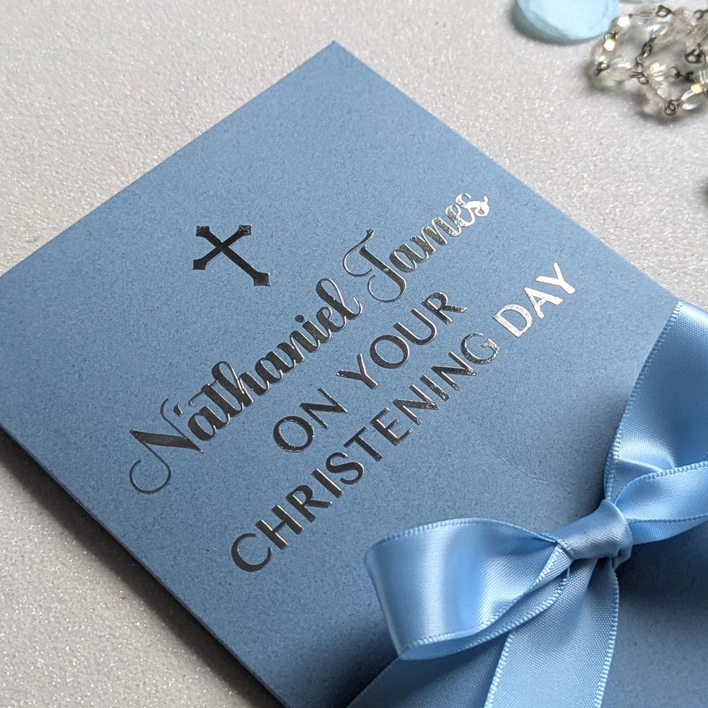 Personalised Christening day money envelope in blue with blue satin ribbon