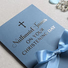 Personalised Christening day money envelope in blue with blue satin ribbon