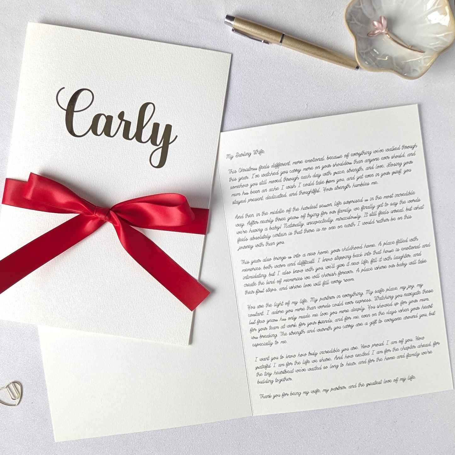 Large Personalised A4 greeting card with carly on the front and red satin ribbon