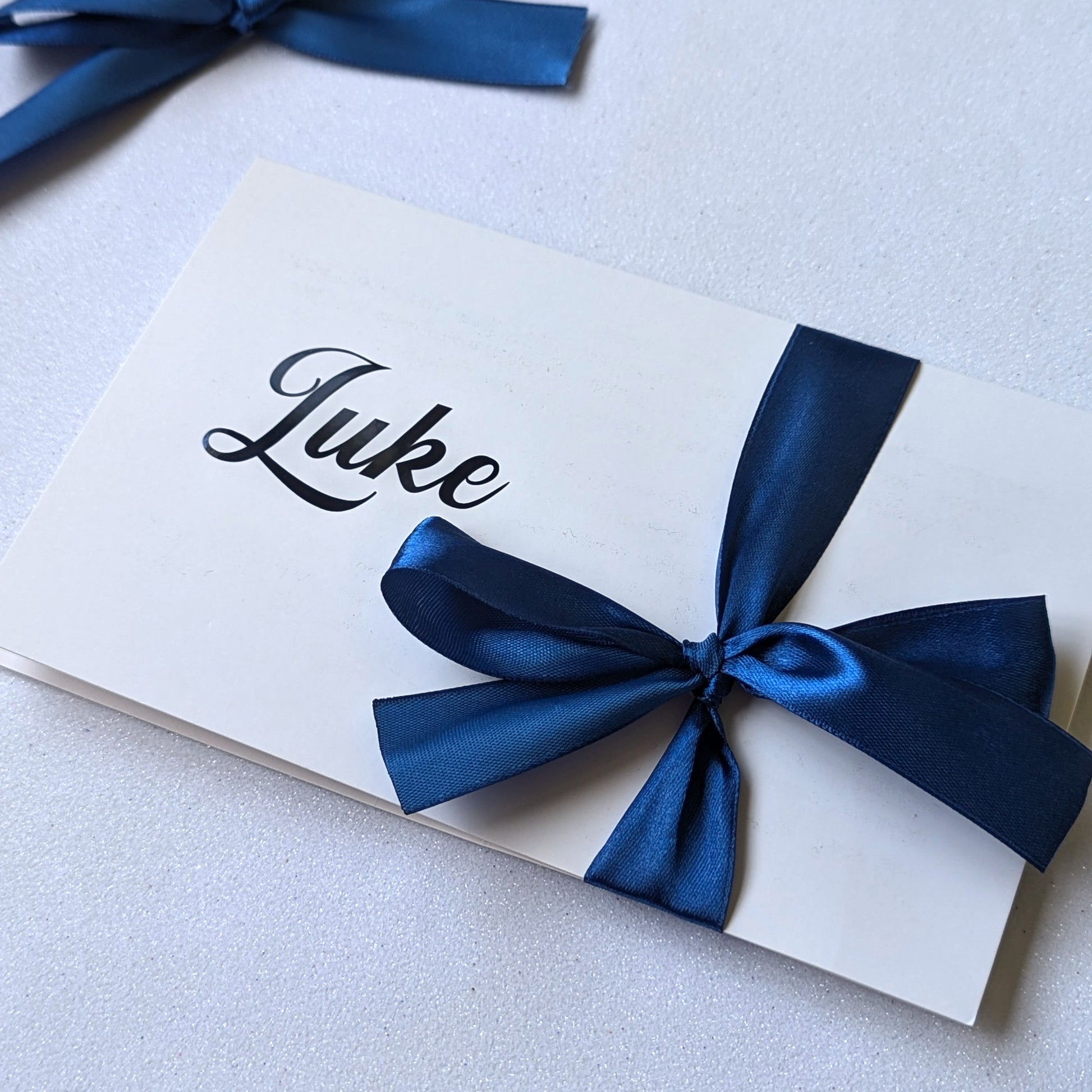Custom love letters for him or her with vinyl name on front of card with blue satin ribbon