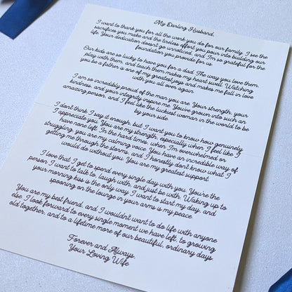 Custom love letter for him or her with custom message machine written in pen on the inside