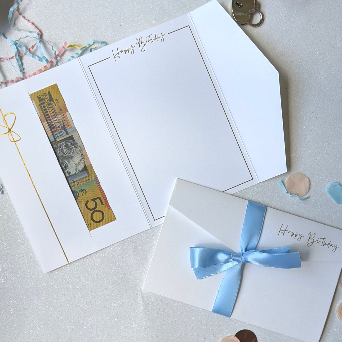 White birthday card with blue satin ribbon and gold foil with pocket for the gift voucher - Birthday cash gift envelope