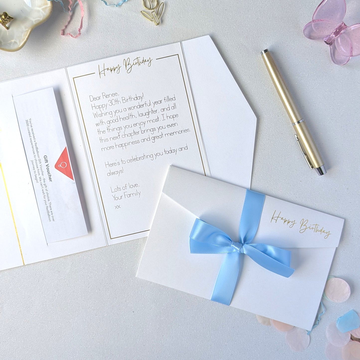 White birthday card with blue satin ribbon and gold foil with pocket for the gift voucher - Birthday cash gift 