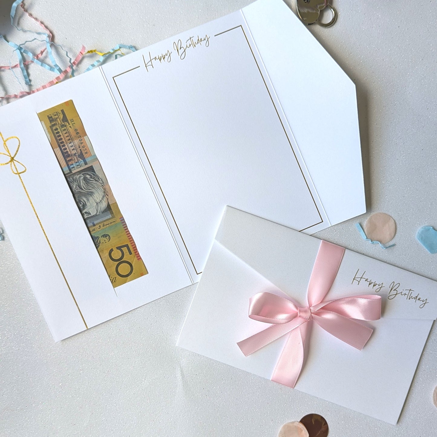 Luxury Birthday Cards for Her with pink ribbon and gift pocket. Birthday money card