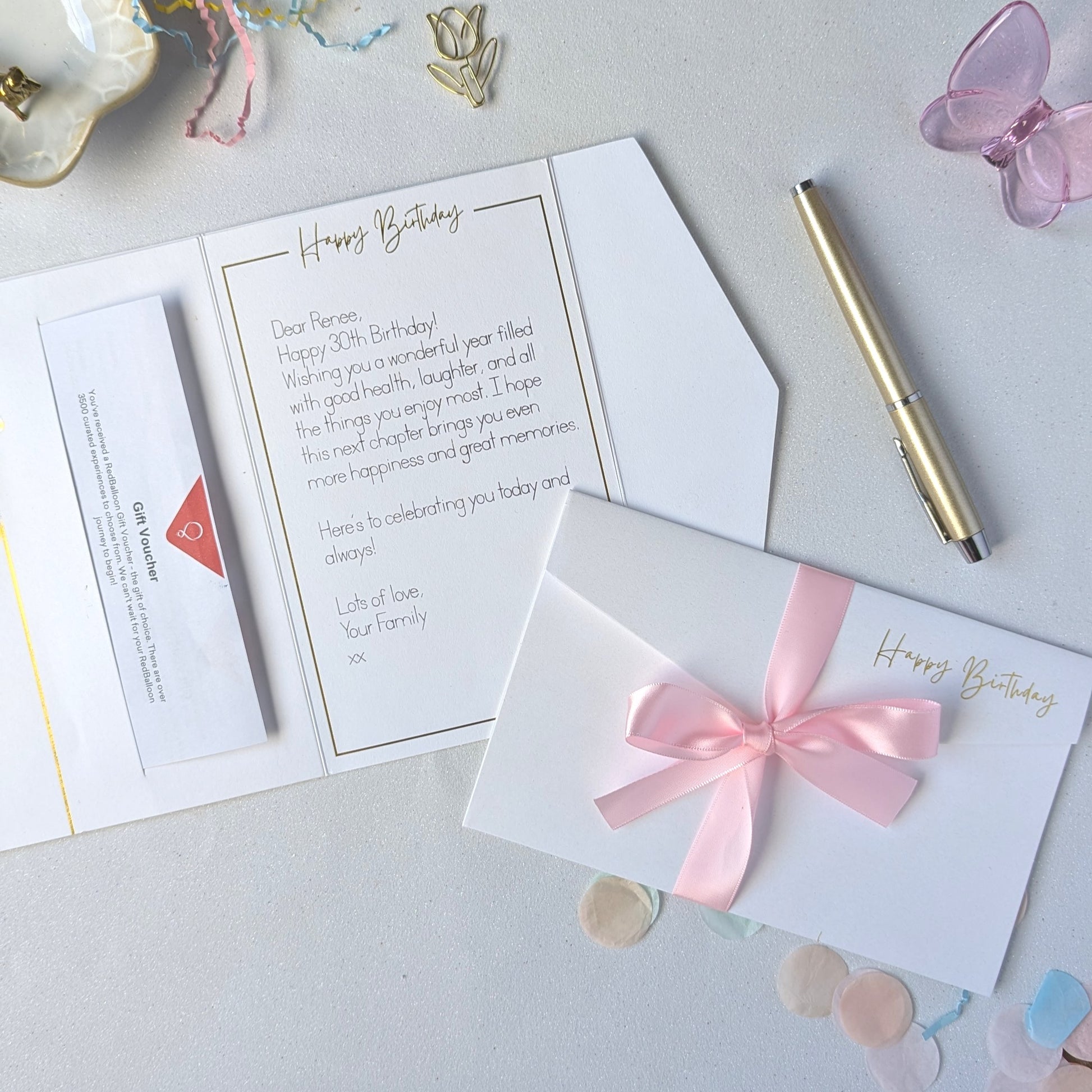 Luxury Birthday Cards for Her with pink ribbon and gift pocket. Birthday money card