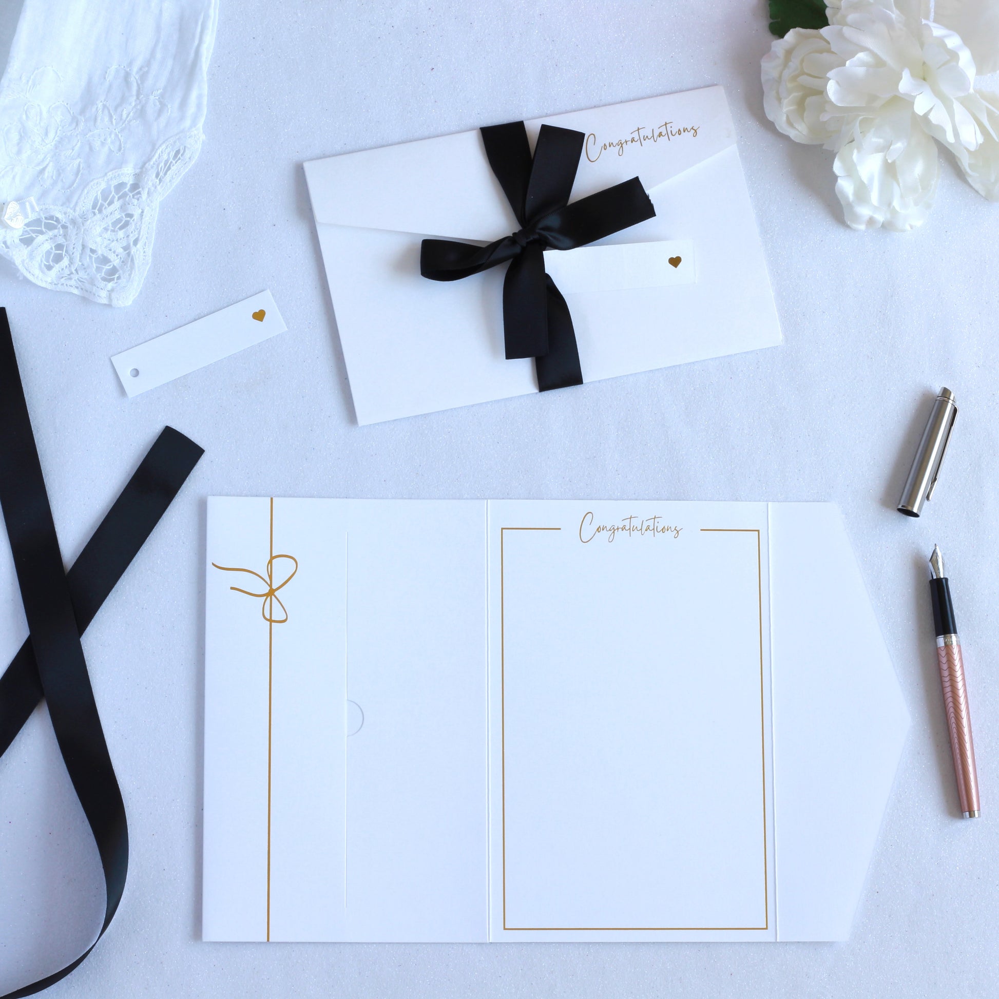Luxury white congratulations wedding gift envelope with black ribbon and white tag. Wedding cash envelope, wedding money envelope, wedding gift envelope, wedding money card