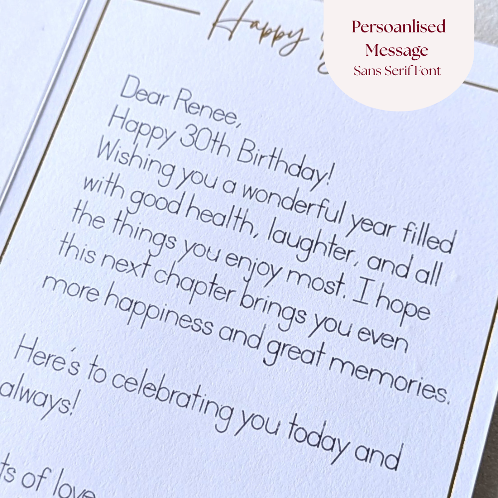 Machine written Personalised message inside the greeting card in sans serif font