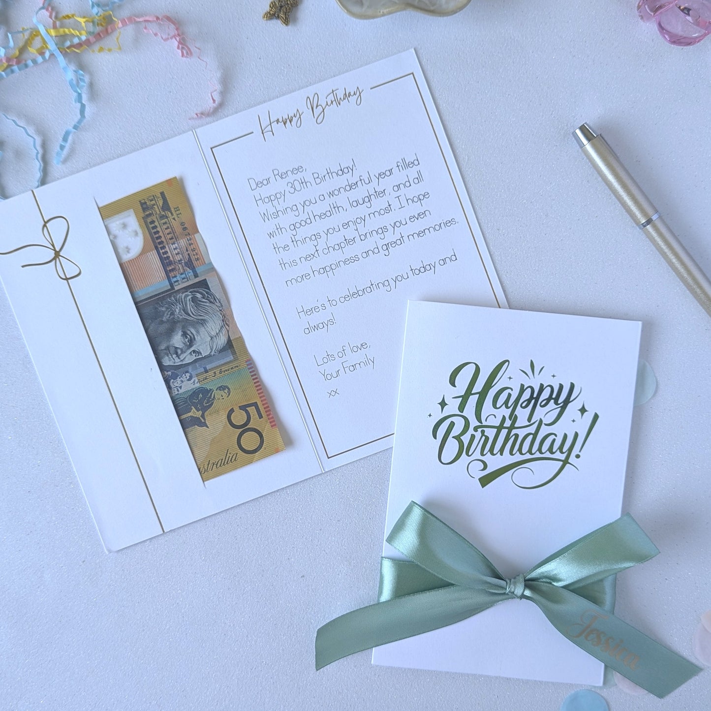pocket Happy birthday money card for giving cash in green vinyl with green ribbon
