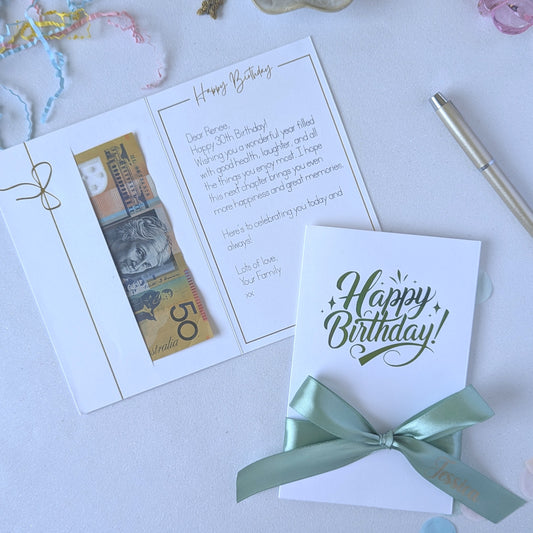 pocket Happy birthday money card for giving cash in green vinyl with green ribbon