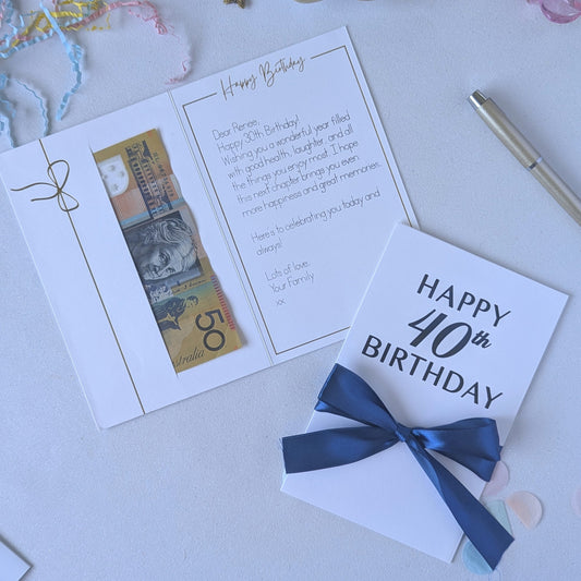 40th Birthday Money Wallet with Happy 40th Birthday in Blue Metallic vinyl