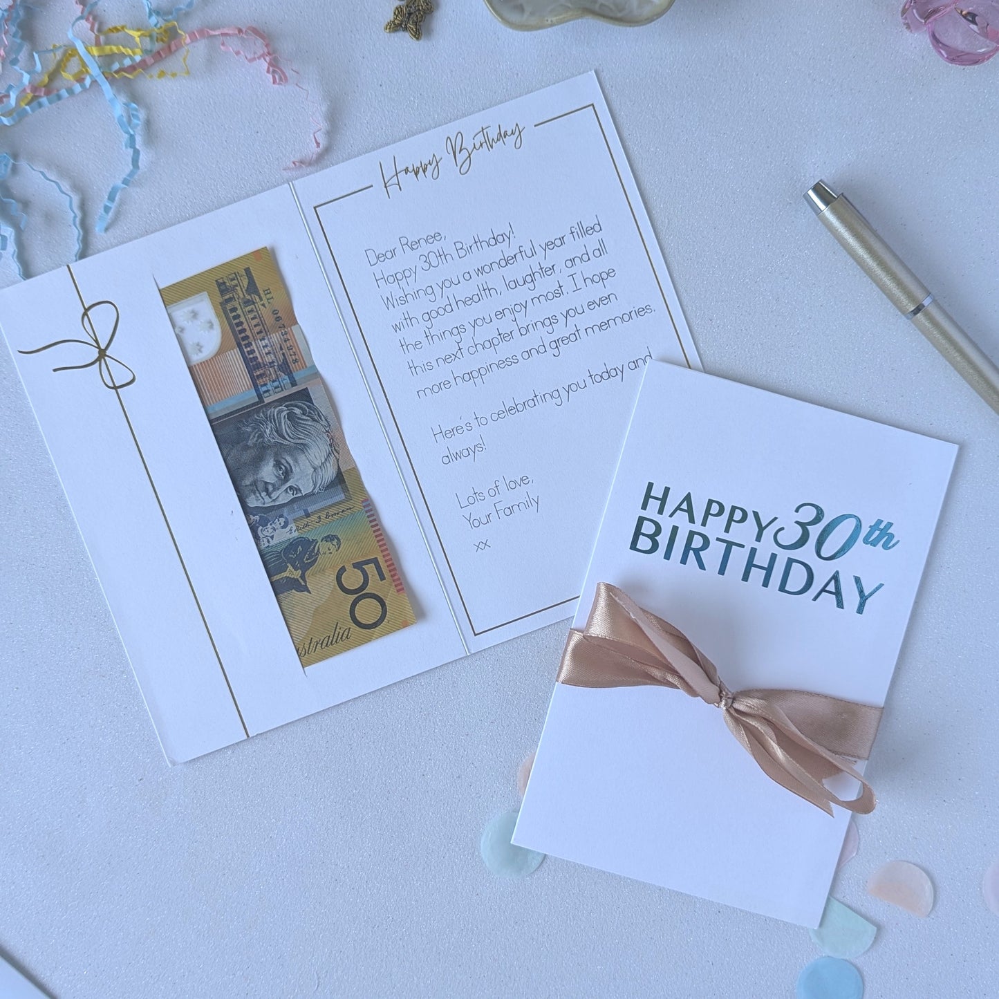 30th birthday money card with money pocket for giving cash or gift voucher or gift card. Happy 30th birthday in blue vinyl with silver ribbon