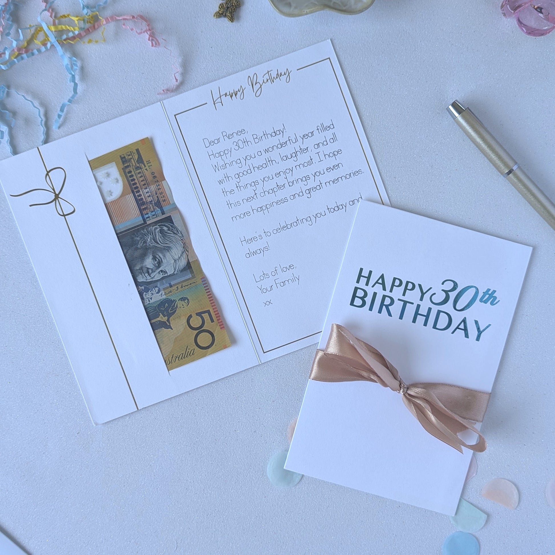 30th birthday money card with money pocket for giving cash or gift voucher or gift card. Happy 30th birthday in blue vinyl with silver ribbon