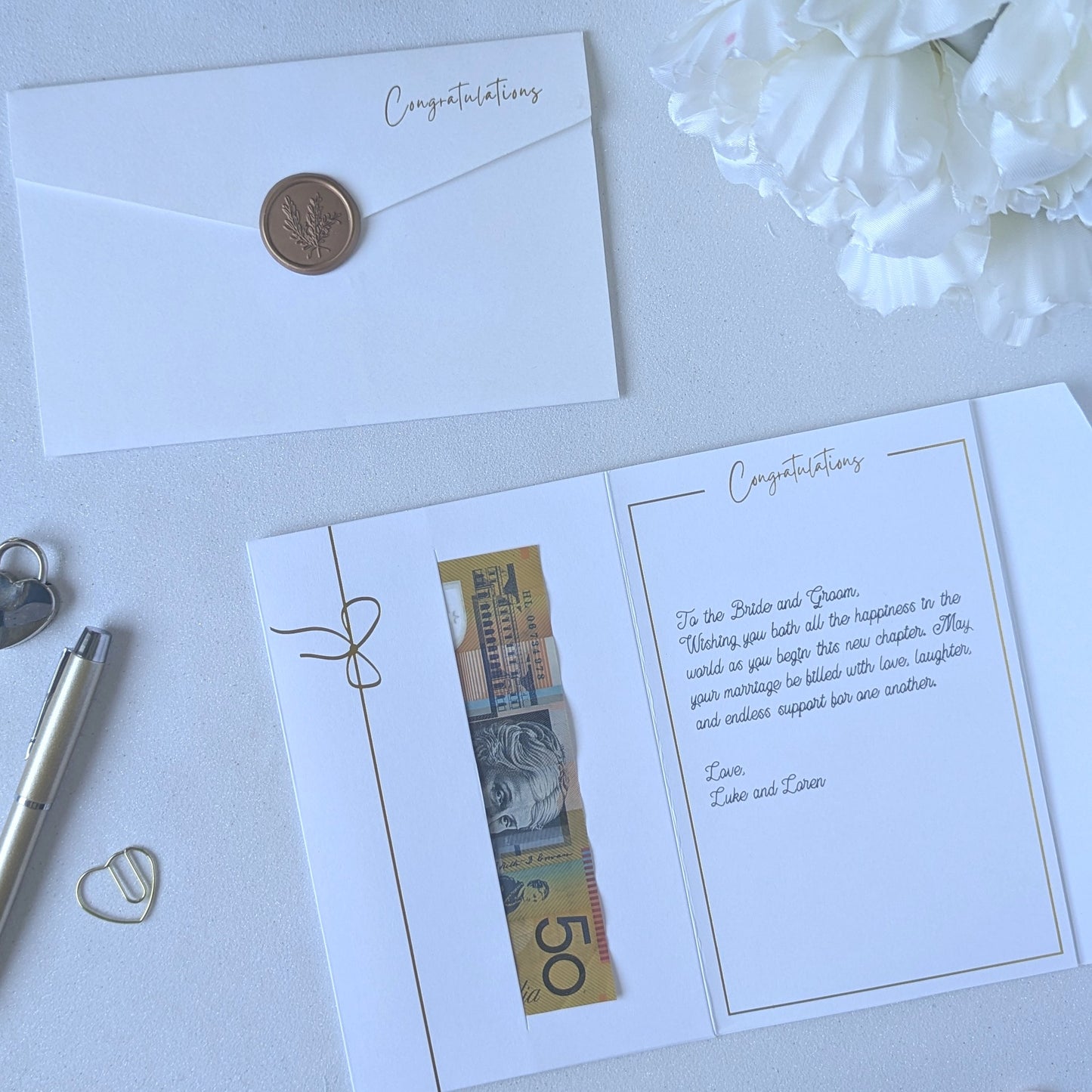 White wedding money gift envelope with Bronze wax seal