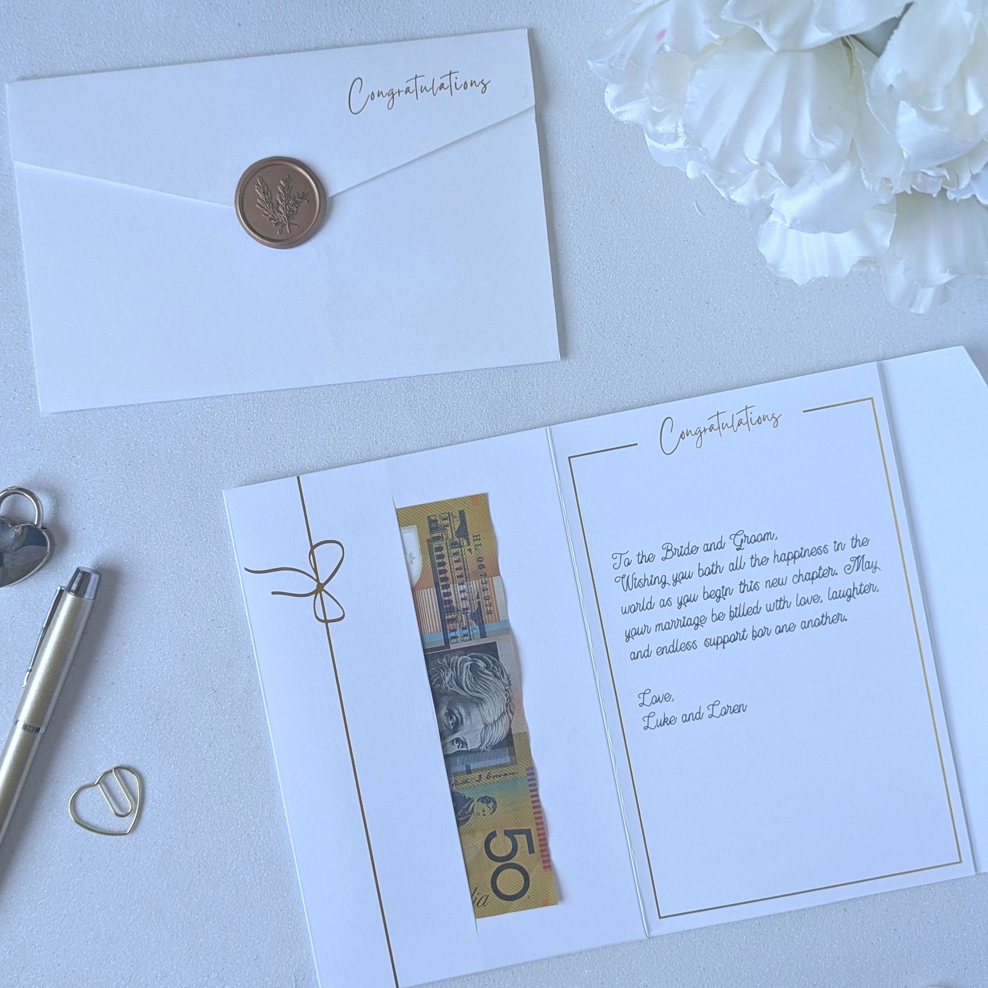 White wedding money gift envelope with Bronze wax seal
