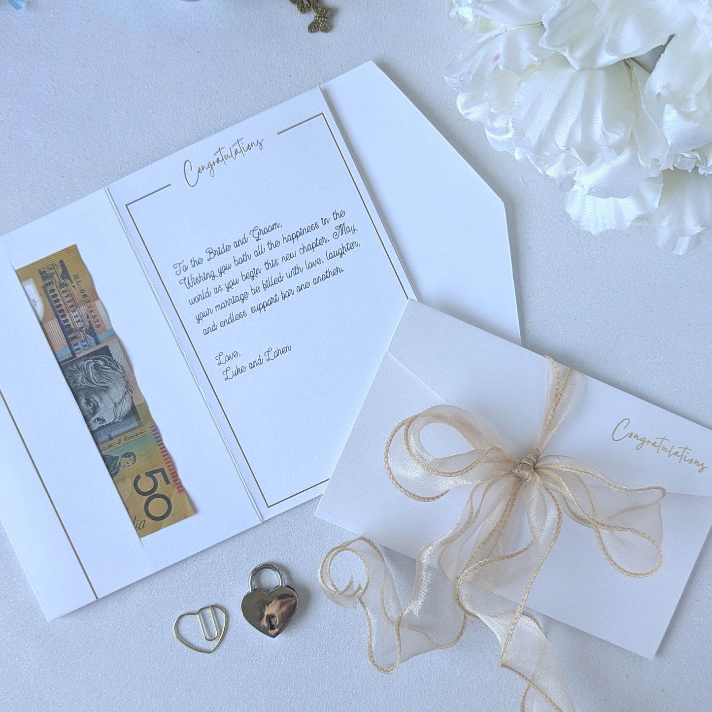 White wedding money gift envelope with gold chiffon ribbon