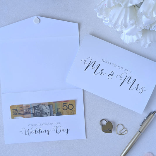 Heres to the new Mr & Mrs White wedding money gift envelope