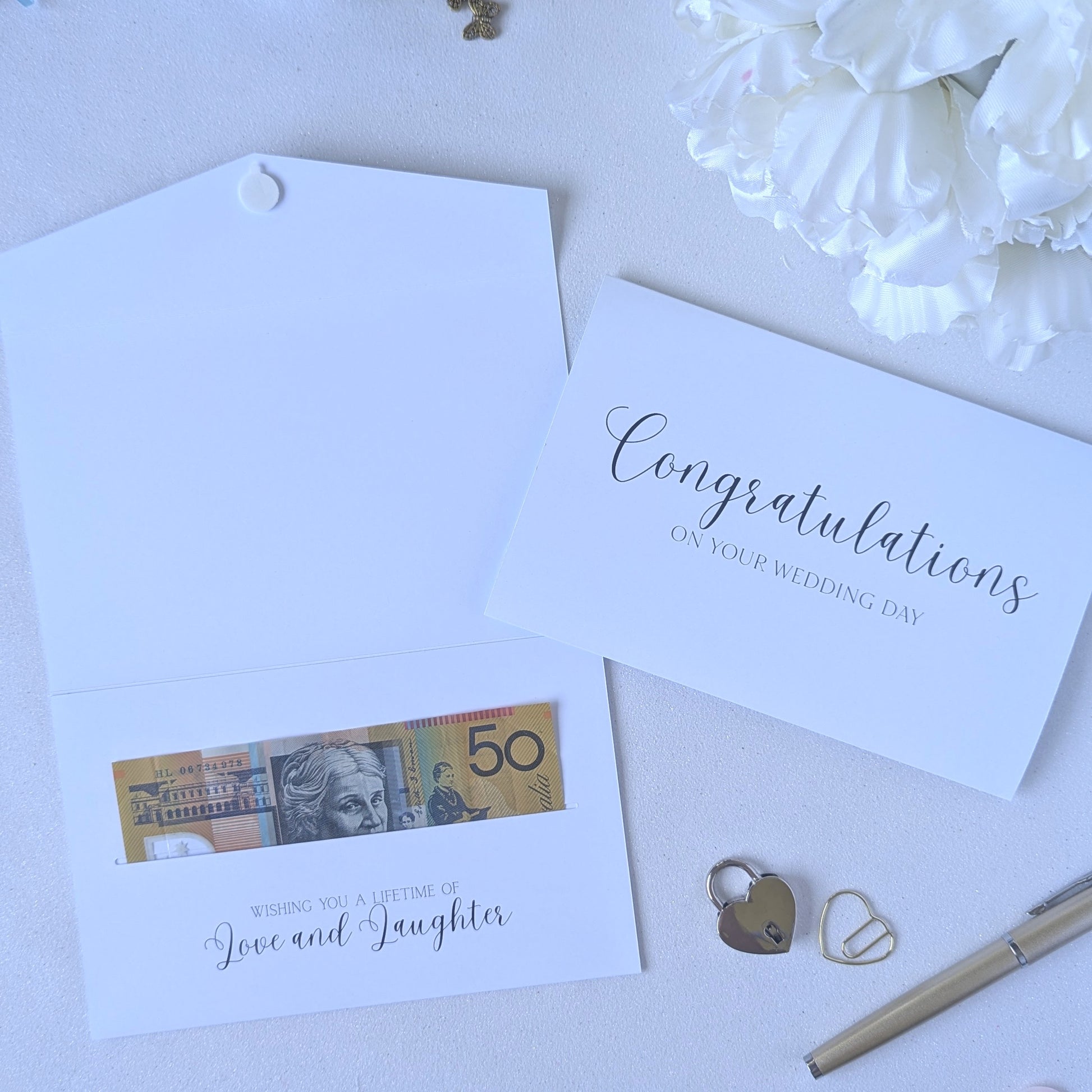 Congratulations on your wedding day money gift envelope with gold satin ribbon